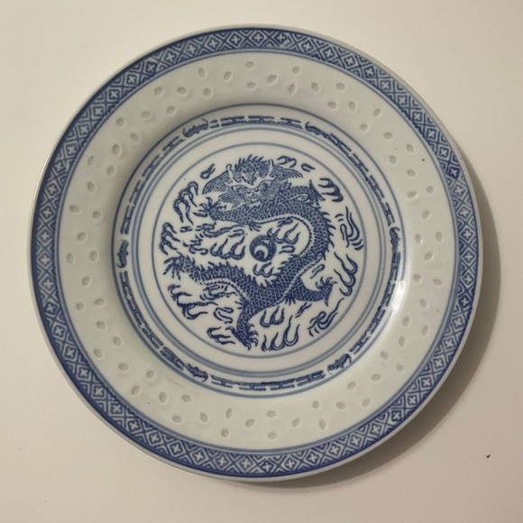 VTG Blue White Chinese Porcelain Dragon Rice Eye Plate - Picture 2 of 4